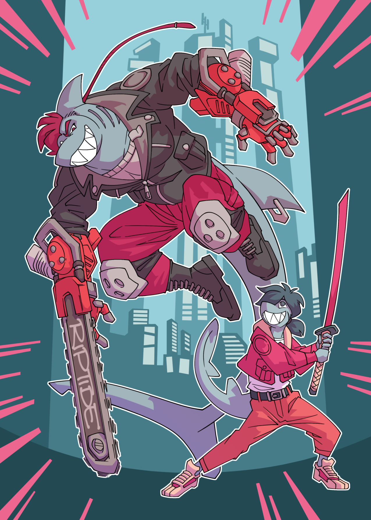 Dynamic image framed by neon pink speed lines depicting a pair of anthropomorphic sharks set against the backdrop of a stylized, futuristic cityscape.
The larger one of the two is depicted mid-jump, wearing a leather jacket, red pants and combat boots. They are armed with a chainsaw protruding from one of their massive bionic arms.
The smaller one is clad in neon pink and orange street wear, wielding a katana and looking back at their considerably larger and more imposing companion.
Both of them have wide, toothy grins stamped across their faces.