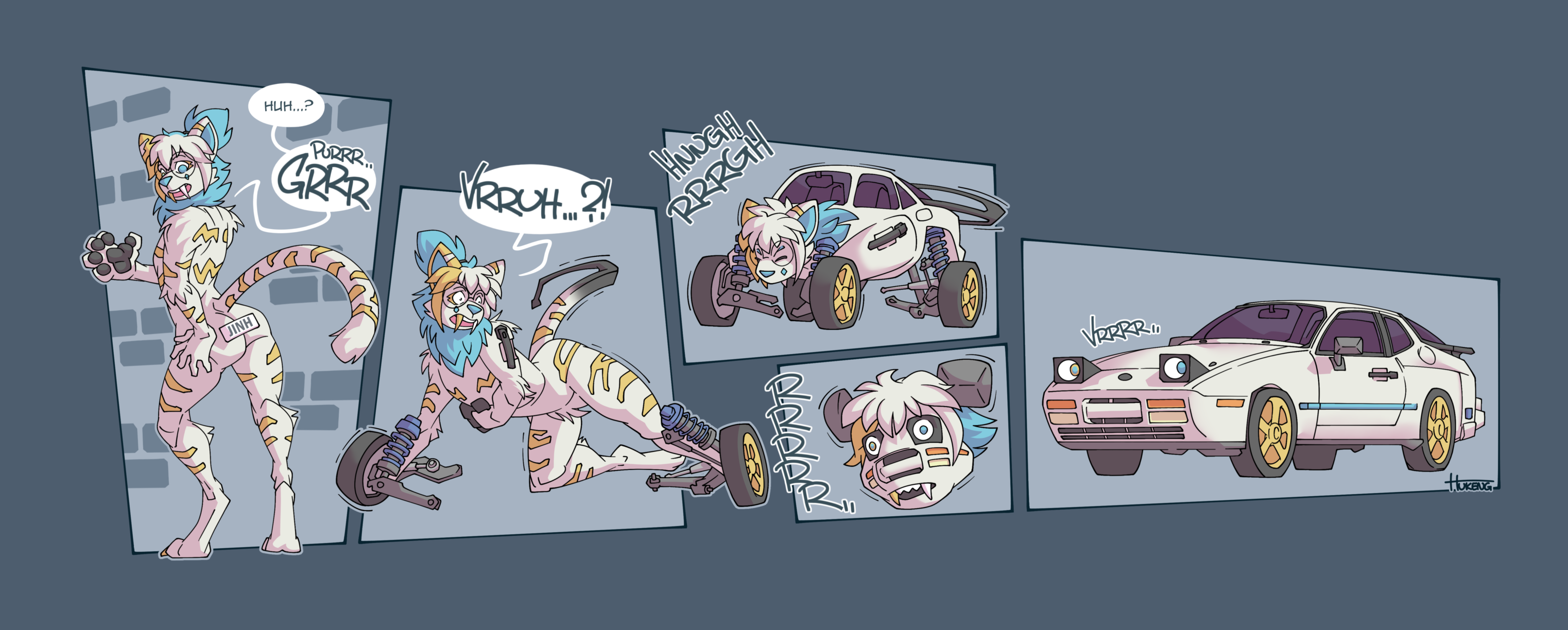 Five-panel sequence showing an anthropomorphic tiger transforming into a car.
Panel 1: Our protagonist is looking back at his rear, where a license plate with his name (Jinh) on it has just appeared. His paw is swelling up and turning into dark rubber.
Jinh: Huh...? Purrr... Grrr
Panel 2: Jinh is on all fours and visibly panicking. His right hand and left foot are turning into wheels and a suspension system while his tail contorts into an angular spoiler. Car door handles are growing out of his shoulders.
Jinh: Vrruh...?
Panel 3: Jinh is almost completely transformed, his limbs receding into his frame while his proportions adjust to fit the new form.
Jinh: Hnngh... Rrrrgh
Panel 4: Close-up of the face mid-transformation, eyes turning into headlights and nose into the grill while the ears become rear-view mirrors.
Jinh: Rrr...
Panel 5: the final form, a Porsche 944 Turbo with colours reminiscent of the original character design and surprisingly expressive headlights.
Jinh: Vrrr...