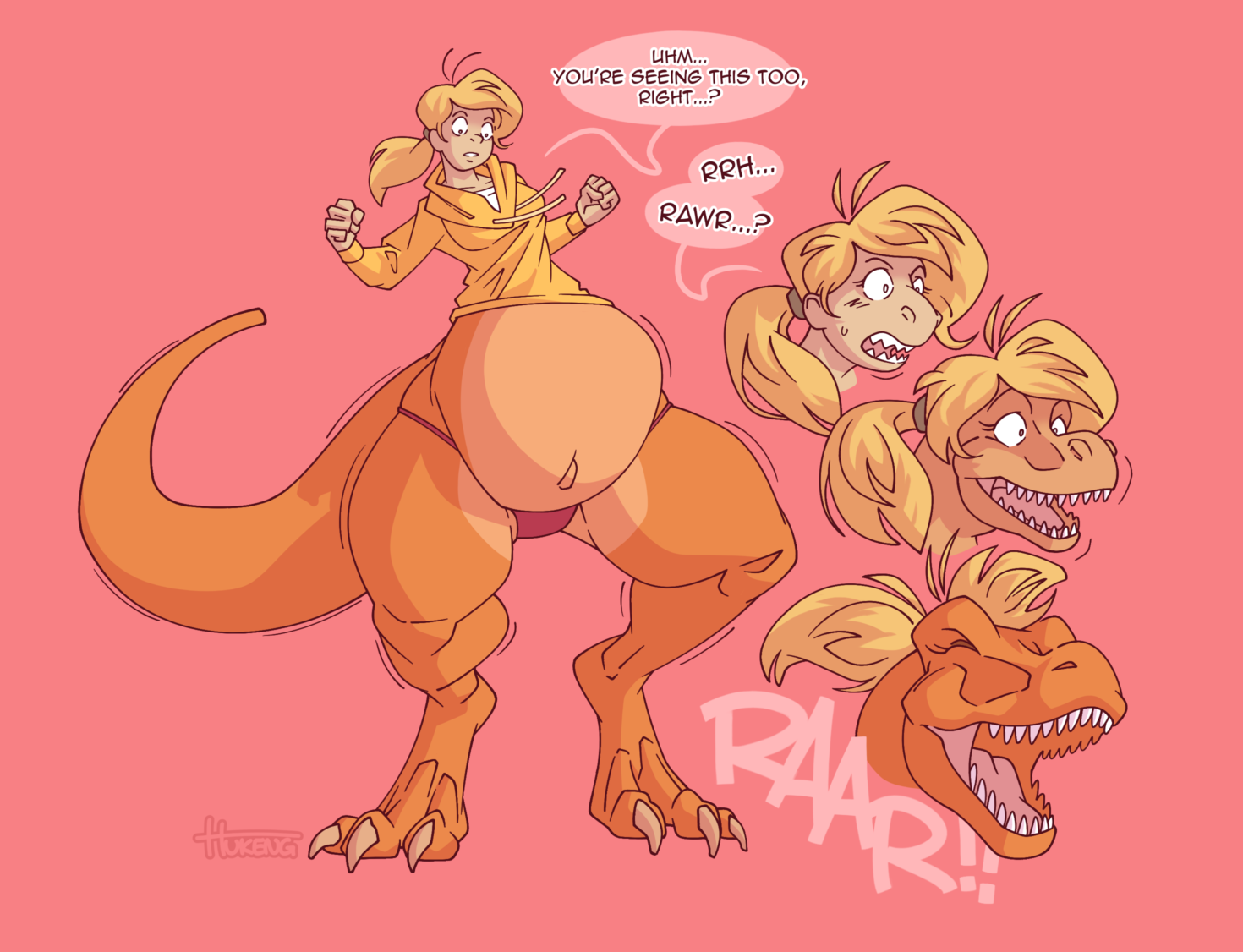 Short sequence showing a young woman transforming into a fully grown tyrannosaurus rex, gaining an impressive amount of size and mass in the process.
Image 1: Our protagonist is looking down in shock at the lower half of her body. Her legs and abdomen have already grown to disproportionate size and assumed a considerably more saurian shape, including a long and girthy tail. Her upper body is still mostly human.
Protagonist: Uhm... You're seeing this too, right...?
Images 2 to 4: a three panel sequence showing our protagonist's face bulging and stretching out into a dinosaur snout and eventually letting out a triumphant roar.
Protagonist: Rrh... Rawr...? RAAR!!